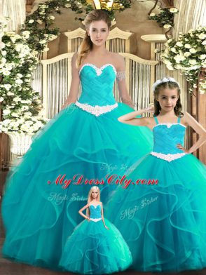 Sumptuous Aqua Blue Tulle Lace Up Sweetheart Sleeveless Floor Length Vestidos de Quinceanera Ruffles