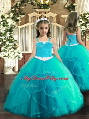 Sumptuous Aqua Blue Tulle Lace Up Sweetheart Sleeveless Floor Length Vestidos de Quinceanera Ruffles