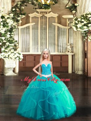 Sumptuous Aqua Blue Tulle Lace Up Sweetheart Sleeveless Floor Length Vestidos de Quinceanera Ruffles