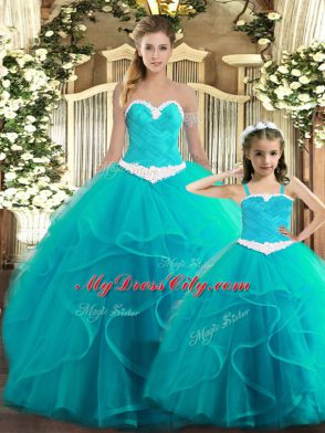 Sumptuous Aqua Blue Tulle Lace Up Sweetheart Sleeveless Floor Length Vestidos de Quinceanera Ruffles