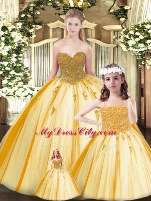 Stunning Beading 15 Quinceanera Dress Gold Lace Up Sleeveless Floor Length