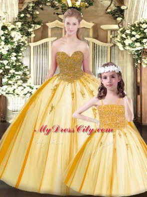 Stunning Beading 15 Quinceanera Dress Gold Lace Up Sleeveless Floor Length