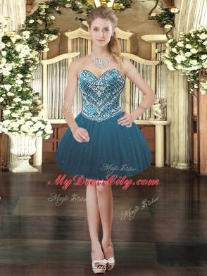 Trendy Teal Sleeveless Tulle Lace Up Quince Ball Gowns for Military Ball and Sweet 16 and Quinceanera