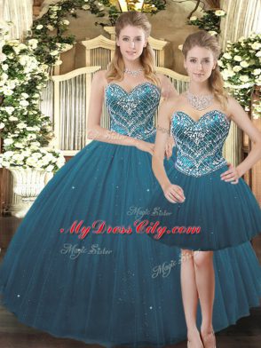 Trendy Teal Sleeveless Tulle Lace Up Quince Ball Gowns for Military Ball and Sweet 16 and Quinceanera