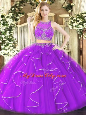 Modern Purple Organza Zipper Scoop Sleeveless Floor Length Sweet 16 Quinceanera Dress Ruffles