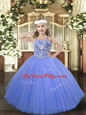 Custom Design Ball Gowns Evening Gowns Blue Straps Tulle Sleeveless Floor Length Lace Up