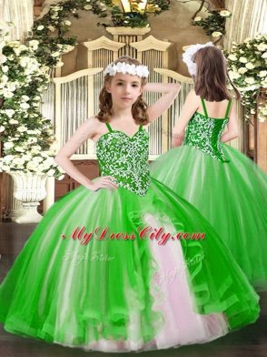 Attractive Green Sleeveless Tulle Lace Up Little Girls Pageant Gowns for Party and Quinceanera