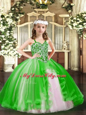 Attractive Green Sleeveless Tulle Lace Up Little Girls Pageant Gowns for Party and Quinceanera