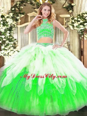 Two Pieces Vestidos de Quinceanera Multi-color High-neck Tulle Sleeveless Floor Length Backless