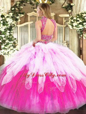 Two Pieces Vestidos de Quinceanera Multi-color High-neck Tulle Sleeveless Floor Length Backless