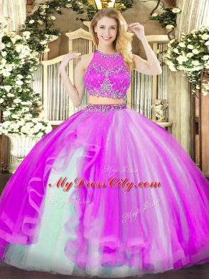 Luxury Fuchsia Scoop Neckline Beading and Ruffles Quince Ball Gowns Sleeveless Zipper