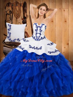 Floor Length Ball Gowns Sleeveless Blue And White Quinceanera Gowns Lace Up