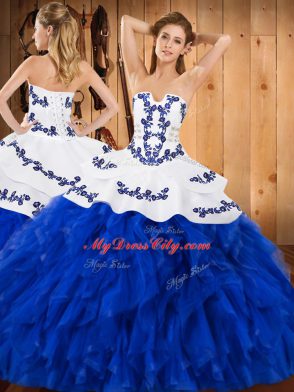 Floor Length Ball Gowns Sleeveless Blue And White Quinceanera Gowns Lace Up