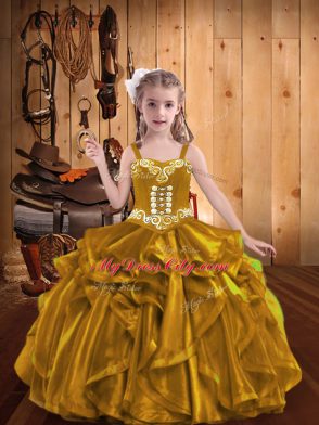 Dazzling Floor Length Lace Up Child Pageant Dress Gold for Party and Sweet 16 and Quinceanera and Wedding Party with Embroidery and Ruffles