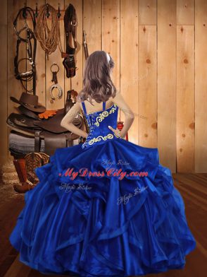 Dazzling Floor Length Lace Up Child Pageant Dress Gold for Party and Sweet 16 and Quinceanera and Wedding Party with Embroidery and Ruffles