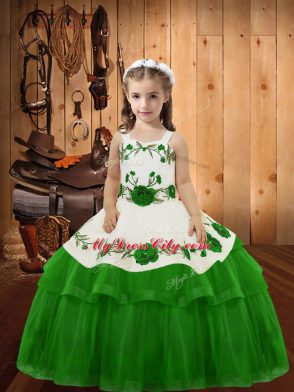 Fantastic Green Organza Lace Up Kids Formal Wear Sleeveless Floor Length Embroidery and Ruffled Layers
