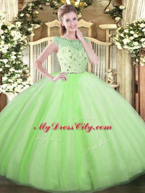 Pretty Yellow Green Zipper Bateau Beading 15 Quinceanera Dress Tulle Sleeveless