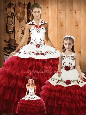 Wine Red Sweet 16 Dresses Military Ball and Sweet 16 and Quinceanera with Embroidery and Ruffles Halter Top Sleeveless Lace Up