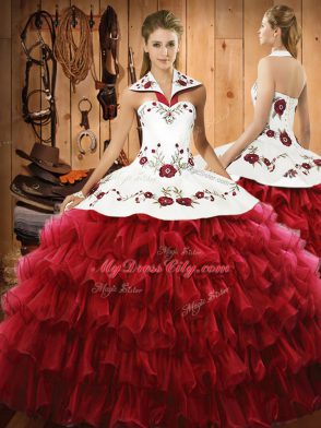 Wine Red Sweet 16 Dresses Military Ball and Sweet 16 and Quinceanera with Embroidery and Ruffles Halter Top Sleeveless Lace Up