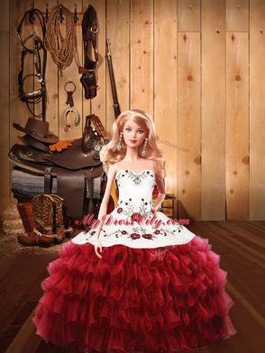 Wine Red Sweet 16 Dresses Military Ball and Sweet 16 and Quinceanera with Embroidery and Ruffles Halter Top Sleeveless Lace Up
