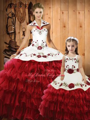 Wine Red Sweet 16 Dresses Military Ball and Sweet 16 and Quinceanera with Embroidery and Ruffles Halter Top Sleeveless Lace Up