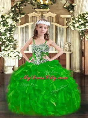 Green Straps Neckline Appliques and Ruffles Pageant Gowns For Girls Sleeveless Lace Up
