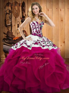 Sleeveless Satin and Organza Floor Length Lace Up Vestidos de Quinceanera in Fuchsia with Embroidery
