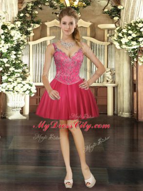 Hot Pink Straps Lace Up Beading Vestidos de Quinceanera Sleeveless