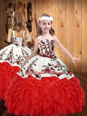 Floor Length Red Pageant Dress for Teens Straps Sleeveless Lace Up