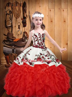 Floor Length Red Pageant Dress for Teens Straps Sleeveless Lace Up