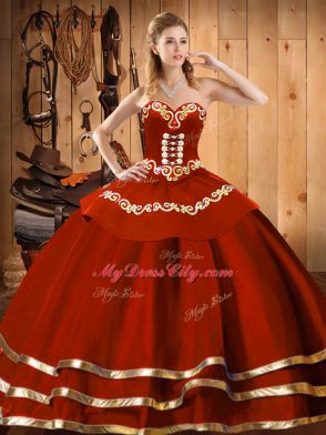 Sleeveless Organza Floor Length Lace Up Quinceanera Gown in Wine Red with Embroidery