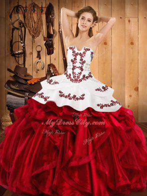 Satin and Organza Strapless Sleeveless Lace Up Embroidery and Ruffles Quinceanera Dress in Wine Red