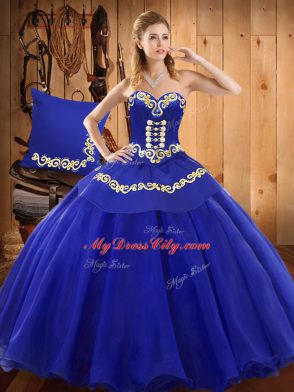 Blue Tulle Lace Up Quinceanera Gowns Sleeveless Floor Length Ruffles