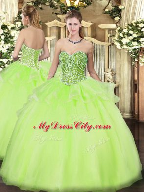 Sweetheart Sleeveless 15th Birthday Dress Floor Length Beading and Ruffles Yellow Green Tulle