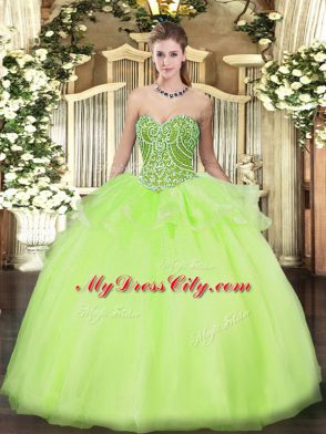 Sweetheart Sleeveless 15th Birthday Dress Floor Length Beading and Ruffles Yellow Green Tulle