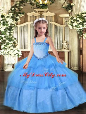 Customized Sleeveless Lace Up Floor Length Appliques Pageant Gowns For Girls