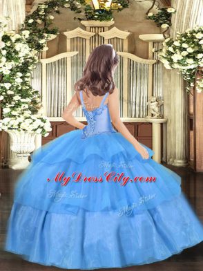 Customized Sleeveless Lace Up Floor Length Appliques Pageant Gowns For Girls