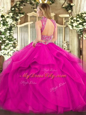 On Sale Tulle High-neck Sleeveless Backless Beading and Ruffles Ball Gown Prom Dress in Purple