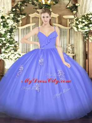 Admirable Spaghetti Straps Sleeveless Quinceanera Dresses Floor Length Appliques Blue Tulle