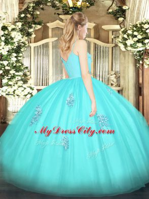 Admirable Spaghetti Straps Sleeveless Quinceanera Dresses Floor Length Appliques Blue Tulle