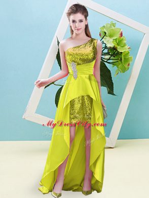 Modest High Low Yellow Dress for Prom Elastic Woven Satin and Sequined Sleeveless Beading and Sequins