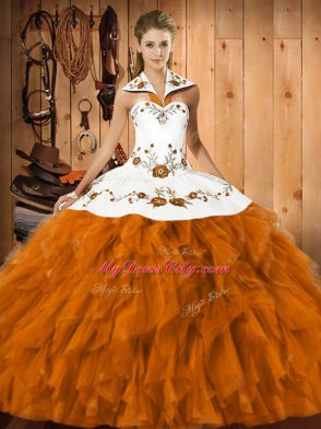 Fashionable Orange Red Quinceanera Gown Military Ball and Sweet 16 and Quinceanera with Embroidery and Ruffles Halter Top Sleeveless Lace Up