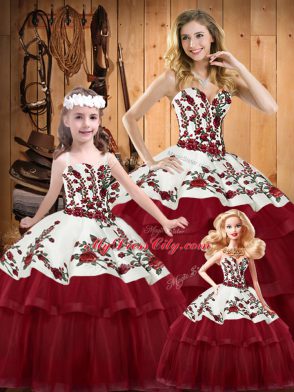 Wine Red Sleeveless Brush Train Embroidery and Ruffled Layers Quinceanera Dress