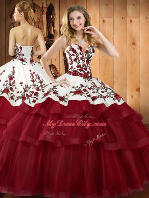 Wine Red Sleeveless Brush Train Embroidery and Ruffled Layers Quinceanera Dress