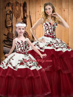 Wine Red Sleeveless Brush Train Embroidery and Ruffled Layers Quinceanera Dress