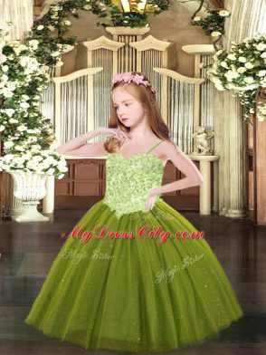 Fashionable Floor Length Ball Gowns Sleeveless Olive Green Little Girls Pageant Dress Lace Up