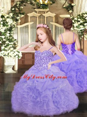 Organza Spaghetti Straps Sleeveless Lace Up Appliques and Ruffles and Pick Ups Little Girl Pageant Dress in Lavender
