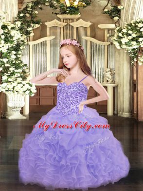 Organza Spaghetti Straps Sleeveless Lace Up Appliques and Ruffles and Pick Ups Little Girl Pageant Dress in Lavender