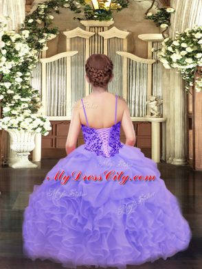 Organza Spaghetti Straps Sleeveless Lace Up Appliques and Ruffles and Pick Ups Little Girl Pageant Dress in Lavender