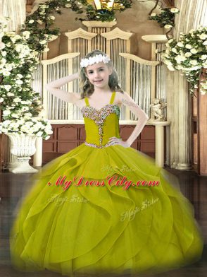 Unique Olive Green Little Girl Pageant Dress Party and Quinceanera with Beading and Ruffles One Shoulder Sleeveless Lace Up